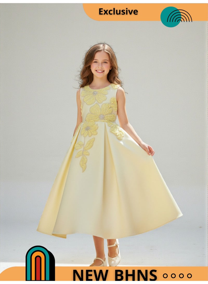 BHNS Elegant puffy evening dresses for children, perfect for parties and special occasions. These dresses are suitable for girls' weddings, celebrations, and holidays. Available in white, yellow, pink, and lemon hues. Beautiful Eid dresses for all occasions. Dresses for ages 2 to 15. Elegant and beautiful dresses for girls aged 2 to 15. Girls' sets with trains and puffy skirts. Suitable for evening parties, summer wear, short dresses, and long dresses. Brand name. - Image 3
