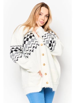 Black Tape Women V-Neck Aztec Print Cardigan, White  - Image 1