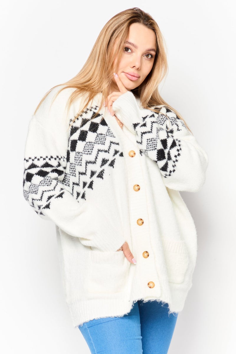 Black Tape Women V-Neck Aztec Print Cardigan, White  - Image 1