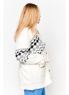 Black Tape Women V-Neck Aztec Print Cardigan, White  - Image 3