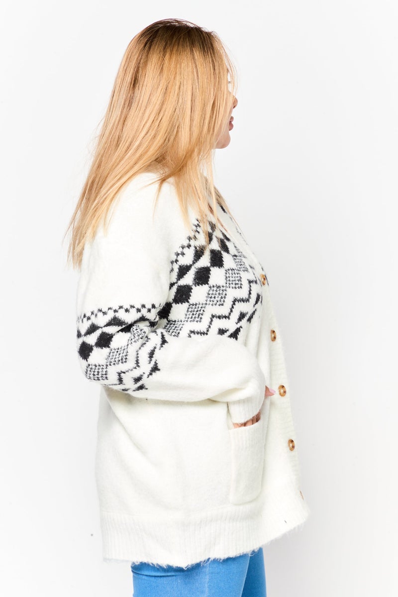 Black Tape Women V-Neck Aztec Print Cardigan, White  - Image 3