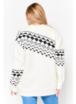 Black Tape Women V-Neck Aztec Print Cardigan, White  - Image 4