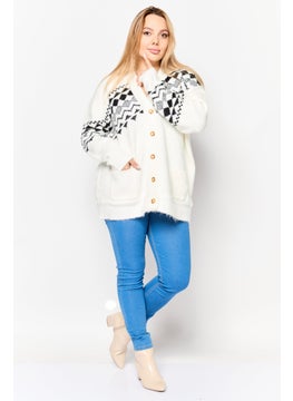 Black Tape Women V-Neck Aztec Print Cardigan, White  - Image 2