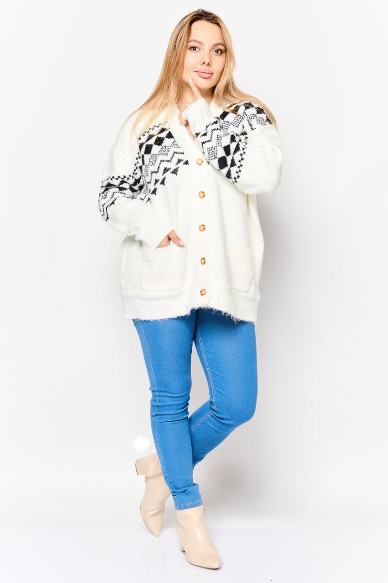 Black Tape Women V-Neck Aztec Print Cardigan, White  - Image 2