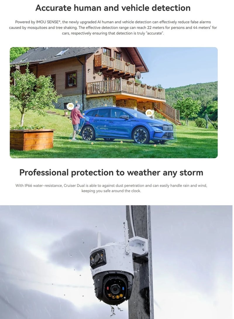 ايمو كاميرا مراقبة خارجية 3K بتقنية واي فاي مزدوجة العدسات دقة 10 ميجابكسل (عدسة ثابتة 5MP وعدسة 5MP PT)، رؤية ليلية ملونة تصل إلى 30 مترًا، اكتشاف الشخص والمركبة بتقنية الذكاء الاصطناعي، تتبع PT التلقائي، صوت ثنائي الاتجاه، صفارة إنذار مدمجة مقاومة للماء والغبار مع حماية احترافية لمواجهة أي عاصفة + بطاقة ذاكرة ميكرو SDXC فائقة السرعة بسعة 256 جيجابايت من أيمو - Image 5