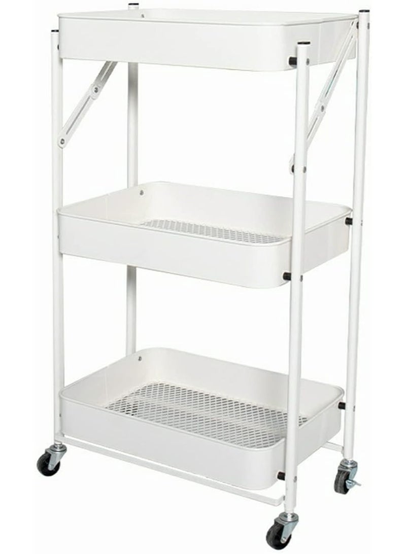Foldable 3-Tier Metal Utility Rolling Cart with Wheels, Easy Assembly Folding Mobile Multi-Function Storage Organizer Cart for Home Office Kitchen Outdoor (White) - Image 1