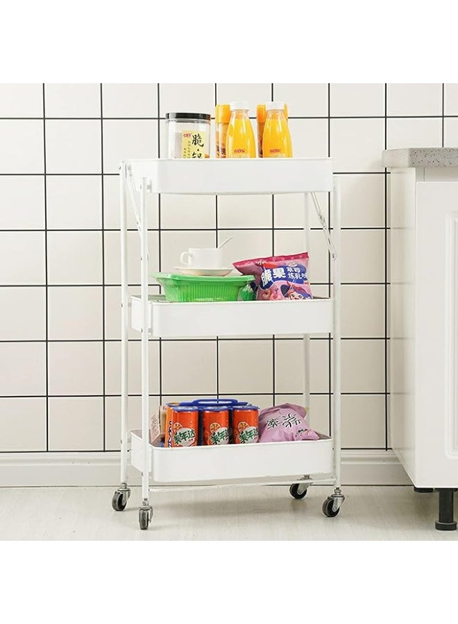Foldable 3-Tier Metal Utility Rolling Cart with Wheels, Easy Assembly Folding Mobile Multi-Function Storage Organizer Cart for Home Office Kitchen Outdoor (White) - Image 5