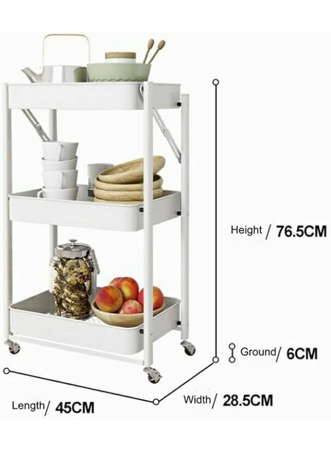 Foldable 3-Tier Metal Utility Rolling Cart with Wheels, Easy Assembly Folding Mobile Multi-Function Storage Organizer Cart for Home Office Kitchen Outdoor (White) - Image 2