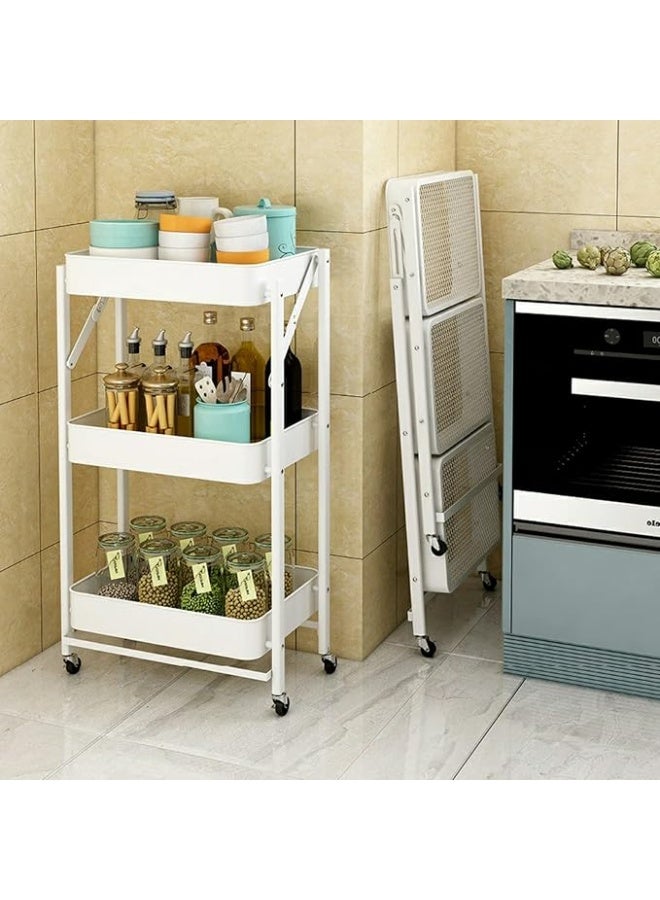Foldable 3-Tier Metal Utility Rolling Cart with Wheels, Easy Assembly Folding Mobile Multi-Function Storage Organizer Cart for Home Office Kitchen Outdoor (White) - Image 4