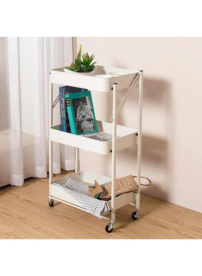 Foldable 3-Tier Metal Utility Rolling Cart with Wheels, Easy Assembly Folding Mobile Multi-Function Storage Organizer Cart for Home Office Kitchen Outdoor (White) - Image 3