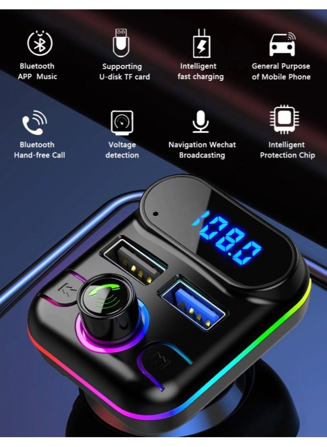 REBENUO FRCP76 Car FM Transmitter Bluetooth Car Adapter Dual USB Charging Car Charger MP3 Player Support TF Card and USB Disk Handsfree Calls 7 Colors LED Backlight + 3 in 1 Fast Charging Cable - Image 4