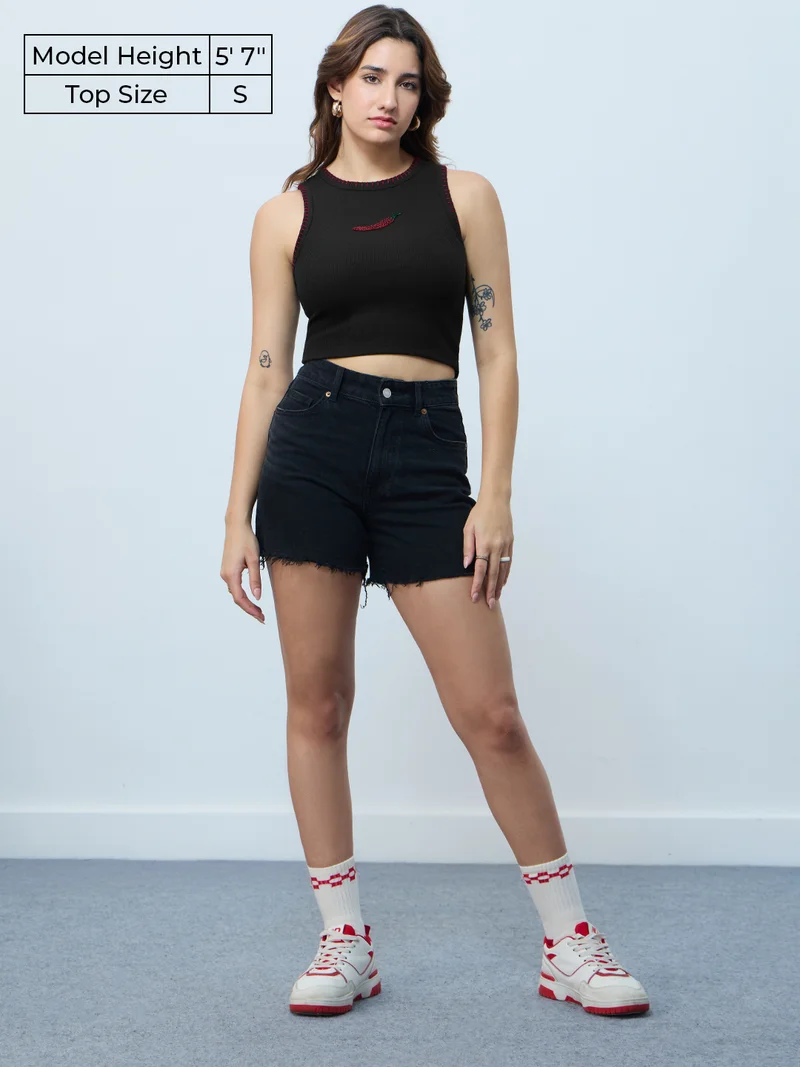 The Souled Store  The Souled Store Beaded Chilly: Women and Girls Sleeveless Round Neck Embroidered Spun Poly Elastane Slim Fit Lightweight Summer Tank Top  | Best Price UAE