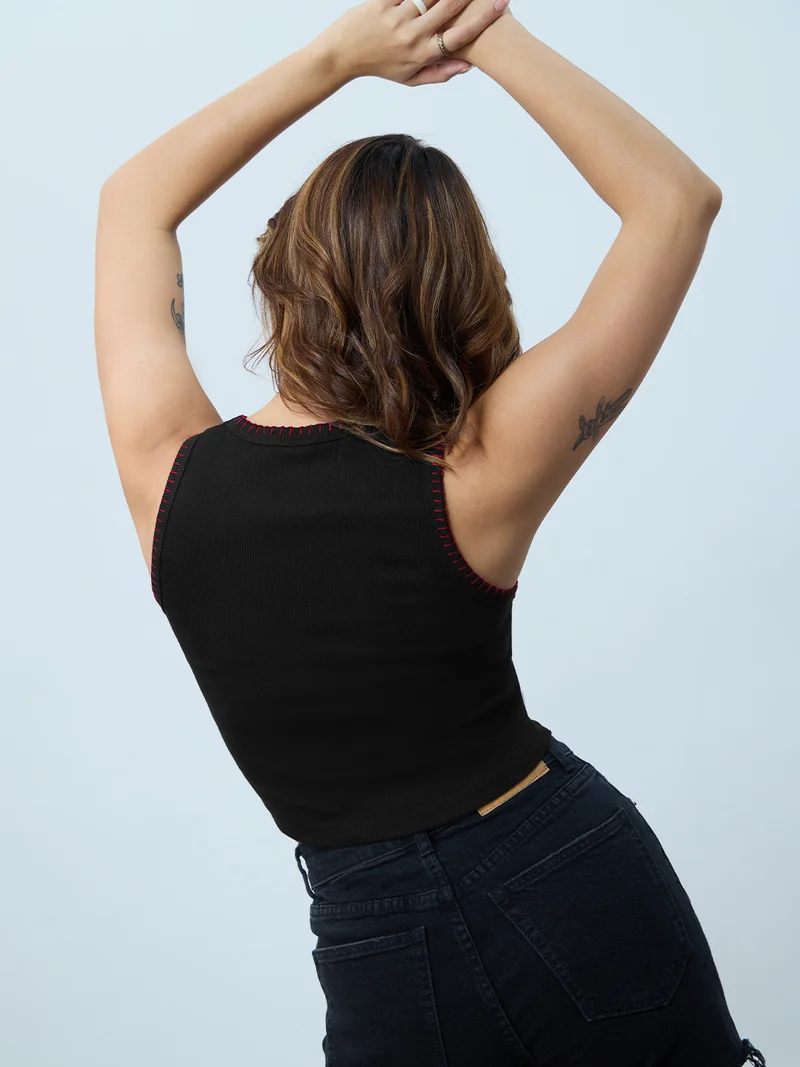 The Souled Store  The Souled Store Beaded Chilly: Women and Girls Sleeveless Round Neck Embroidered Spun Poly Elastane Slim Fit Lightweight Summer Tank Top  | Best Price UAE
