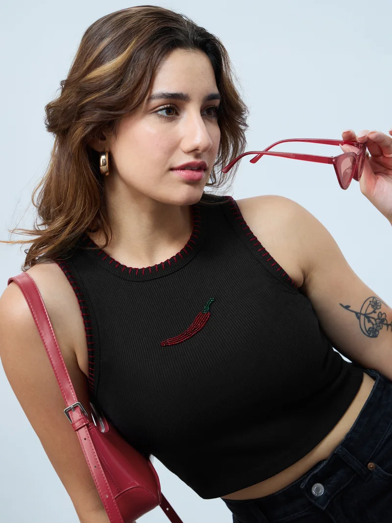 The Souled Store Beaded Chilly: Women and Girls Sleeveless Round Neck Embroidered Spun Poly Elastane Slim Fit Lightweight Summer Tank Top