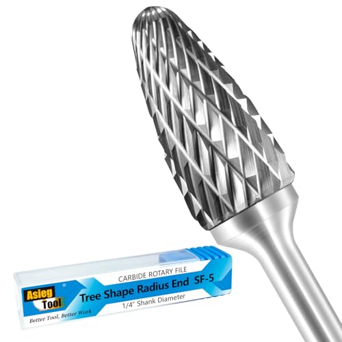 Asieg Tool SF-5 Tungsten Carbide Burr Rotary File Tree Shape Radius End Shape Double Cut for Die Grinder Drill Bits 1/4'' Inch Diameter of Shank and 1/2'' Diameter of Cutter 1'' Inch Cutter Length - Image 1