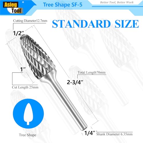 Asieg Tool SF-5 Tungsten Carbide Burr Rotary File Tree Shape Radius End Shape Double Cut for Die Grinder Drill Bits 1/4'' Inch Diameter of Shank and 1/2'' Diameter of Cutter 1'' Inch Cutter Length - Image 2