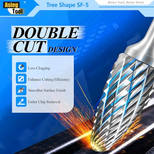 Asieg Tool SF-5 Tungsten Carbide Burr Rotary File Tree Shape Radius End Shape Double Cut for Die Grinder Drill Bits 1/4'' Inch Diameter of Shank and 1/2'' Diameter of Cutter 1'' Inch Cutter Length - Image 4