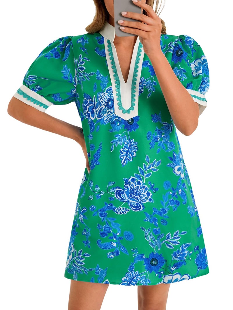 Wenrine Womens Summer Mini Dress Casual Floral Puff Sleeve V Neck Color Block Loose Boho Beach Dresses with Pockets Green - Image 1