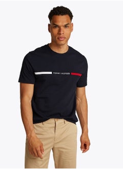 TOMMY HILFIGER Men's Crew Neck Logo Panel T-Shirt - Cotton, Blue  - Image 1