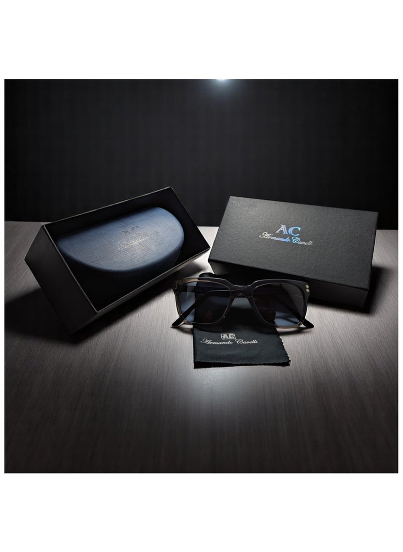 Armando Cavelli - Authentic Armando Cavelli sunglasses, crafted from carefully selected premium acetate for a luxurious look and longevity with extensive use. This model combines modernity and classic style, with a raw grey acetate front and blue -plated metal temples to complete your luxury look. Comes with premium polymer lenses offer UV400 protection in a grey - Image 1