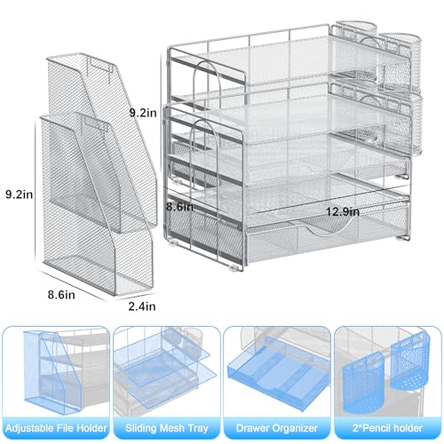 gianotter Desk Organizers and Accessories with File Holder, 4-Tier Desk Accessories & Workspace Organizers with Drawer and 2 Pen Holder, Paper Organizer for Office Supplies (Grey) - Image 5