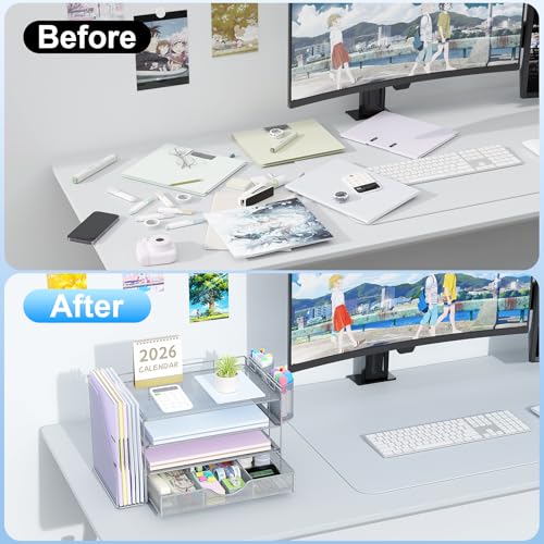 gianotter Desk Organizers and Accessories with File Holder, 4-Tier Desk Accessories & Workspace Organizers with Drawer and 2 Pen Holder, Paper Organizer for Office Supplies (Grey) - Image 2