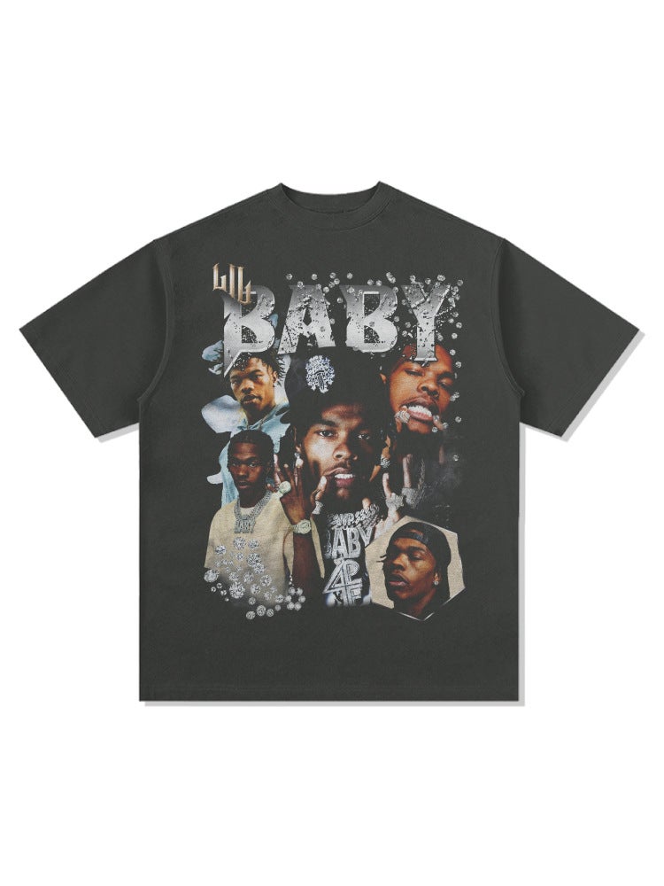 retro hip hop Lil Baby printed short-sleeved T-shirt loose heavy round neck small neckline washed Vintage - Image 4