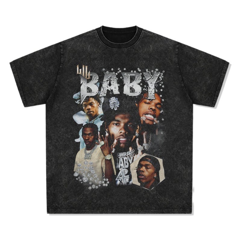 retro hip hop Lil Baby printed short-sleeved T-shirt loose heavy round neck small neckline washed Vintage - Image 2