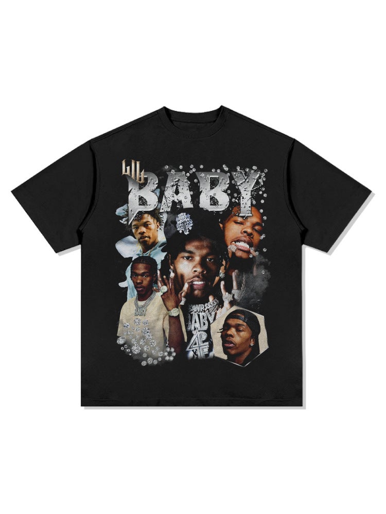 retro hip hop Lil Baby printed short-sleeved T-shirt loose heavy round neck small neckline washed Vintage - Image 3