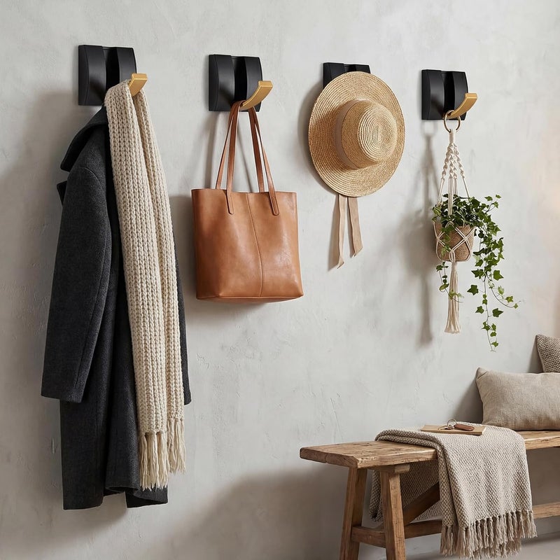 Queekay 4 Pcs Folding Hideaway Coat Hooks Heavy Duty Wall Towel Hooks for Bathrooms Retractable Coat Space Aluminum Wall Hanging Holder for Closet Scarf Hat Robe Key Purse Bag(Black Gold) - Image 4