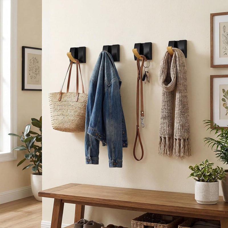 Queekay 4 Pcs Folding Hideaway Coat Hooks Heavy Duty Wall Towel Hooks for Bathrooms Retractable Coat Space Aluminum Wall Hanging Holder for Closet Scarf Hat Robe Key Purse Bag(Black Gold) - Image 3
