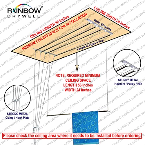 Rainbow Drywell Heavy Duty Stainless Steel Luxury(5 Pipes X 4 Feet)UV Protected Nylon Ropes Individual dropdown Ceiling Cloth Dryer/Cloth Hanger/Cloth Drying Stand for Balcony/Clothes Stand for Drying - Image 2