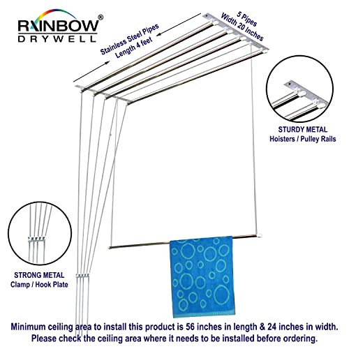Rainbow Drywell Heavy Duty Stainless Steel Luxury(5 Pipes X 4 Feet)UV Protected Nylon Ropes Individual dropdown Ceiling Cloth Dryer/Cloth Hanger/Cloth Drying Stand for Balcony/Clothes Stand for Drying - Image 4