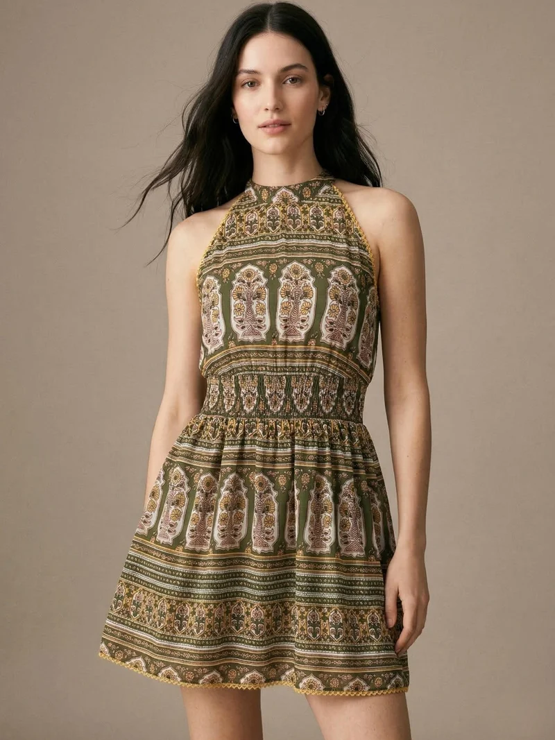 Green Sleeveless Printed Halter Mini Dress