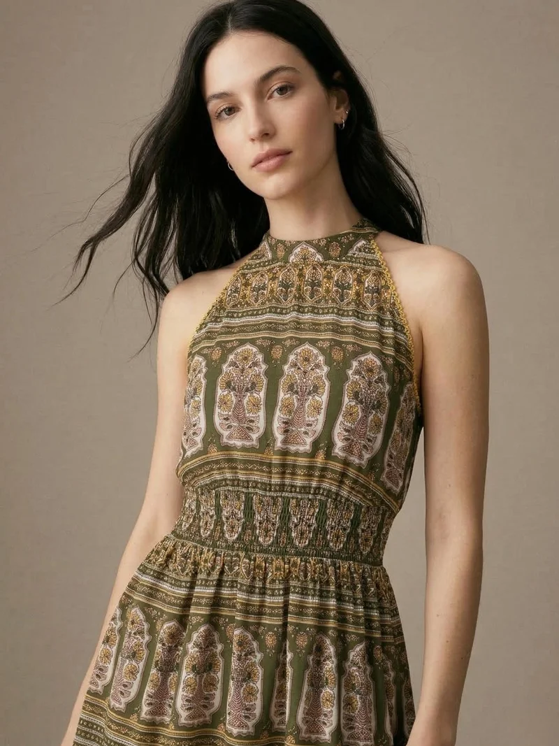 OUTZIDR  Green Sleeveless Printed Halter Mini Dress for Women | Best Price UAE