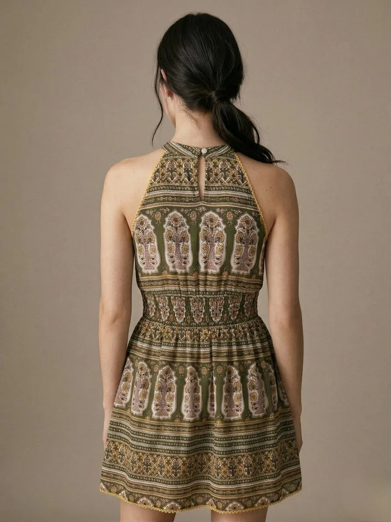 OUTZIDR  Green Sleeveless Printed Halter Mini Dress for Women | Best Price UAE