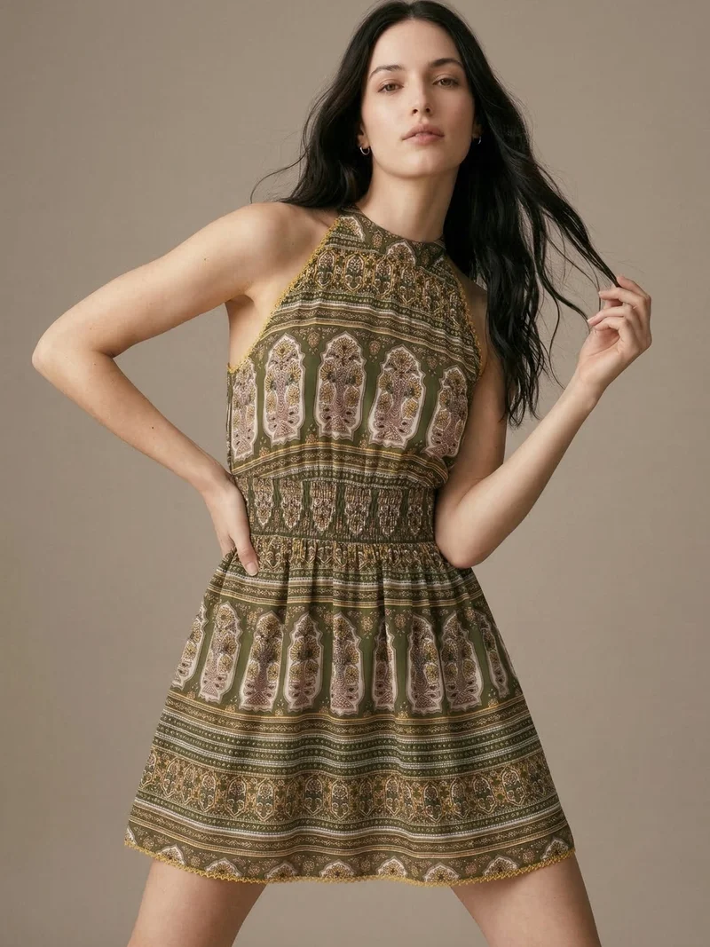 OUTZIDR  Green Sleeveless Printed Halter Mini Dress for Women | Best Price UAE