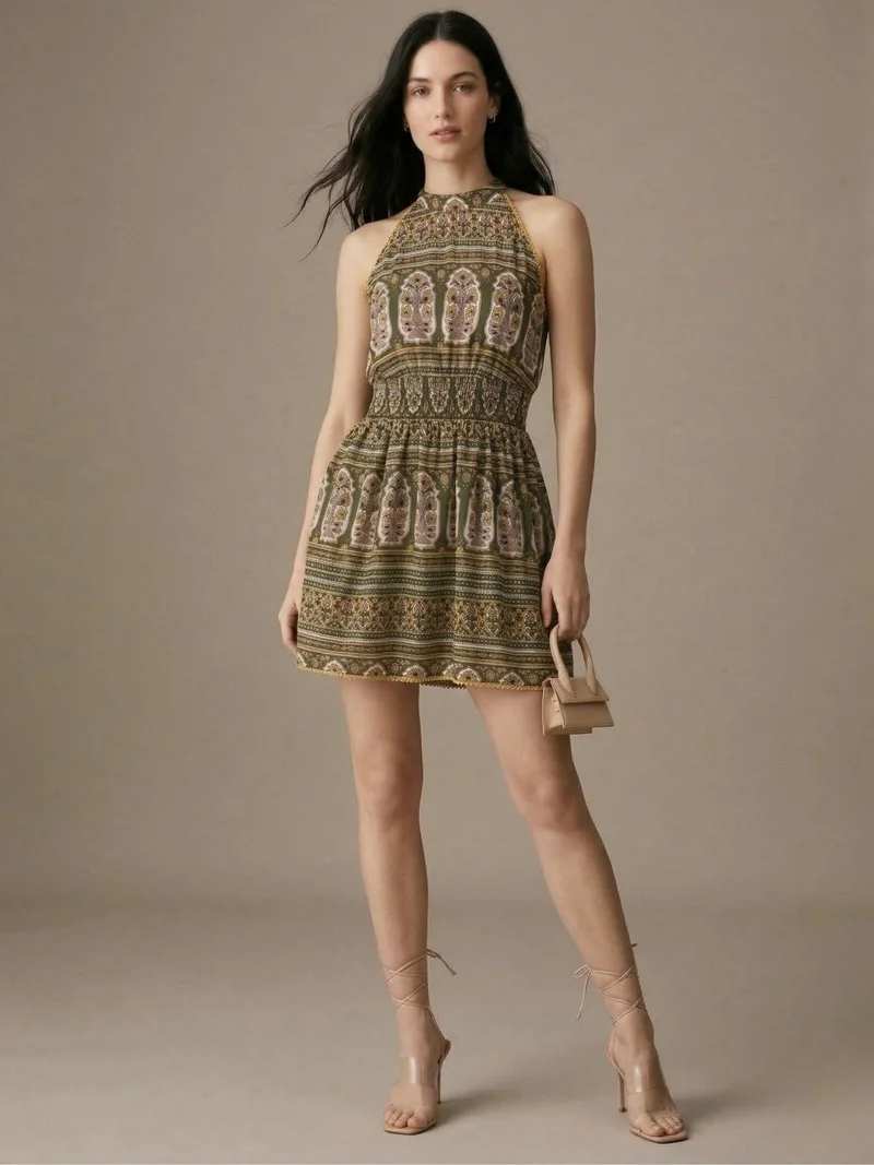 OUTZIDR  Green Sleeveless Printed Halter Mini Dress for Women | Best Price UAE