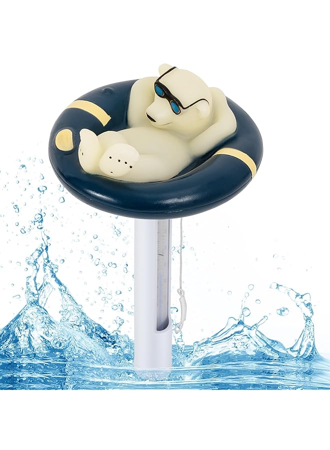 إكسفور مقياس حرارة حمام السباحة العائم سهل القراءة على شكل دب قطبي مريح، مقياس حرارة الماء لحمام الثلج مع خيط، مناسب لحمامات السباحة الداخلية والخارجية والمنتجعات الصحية وأحواض المياه الساخنة وأحواض السمك - Image 1