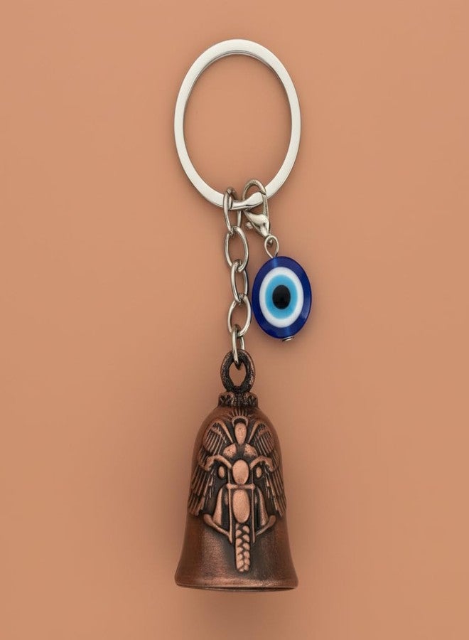 AEROSTARK Bronze Bike Guardian Bell for Bike with Evil Eye Keychain | Motorcycle Safety Bell for Riders | Lucky Charm Key Ring for Bike Car Scooter | Antique Metal Biker Gift for Men Women - Image 1