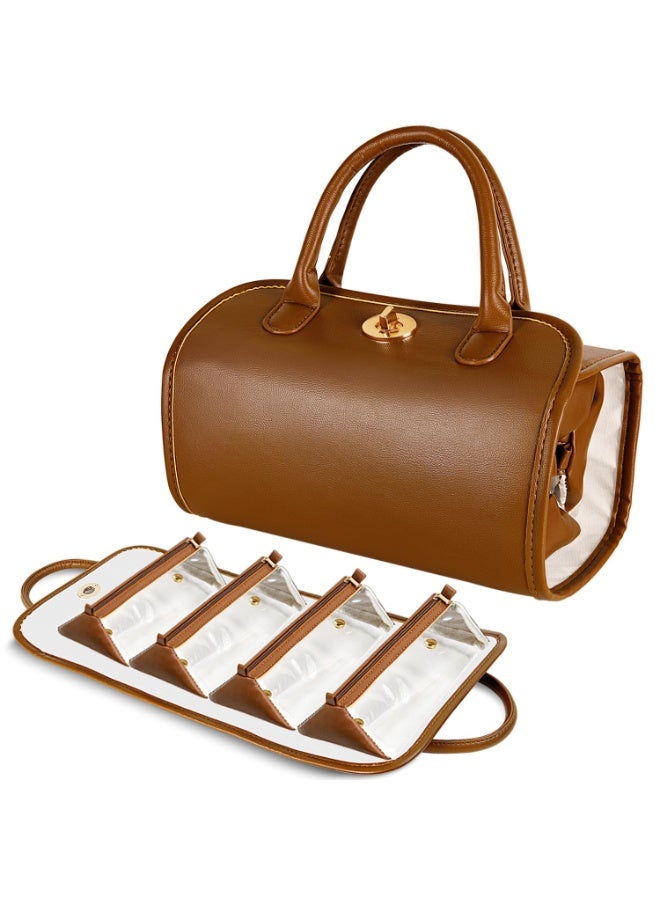 عام حقيبة مكياج، حقيبة مستحضرات تجميل محمولة، حقيبة مستلزمات قابلة للطي من جلد PU مقاوم للماء مع 4 منظمات صغيرة للمستلضرات - Image 1