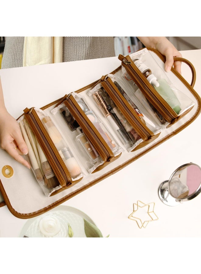 عام حقيبة مكياج، حقيبة مستحضرات تجميل محمولة، حقيبة مستلزمات قابلة للطي من جلد PU مقاوم للماء مع 4 منظمات صغيرة للمستلضرات - Image 3