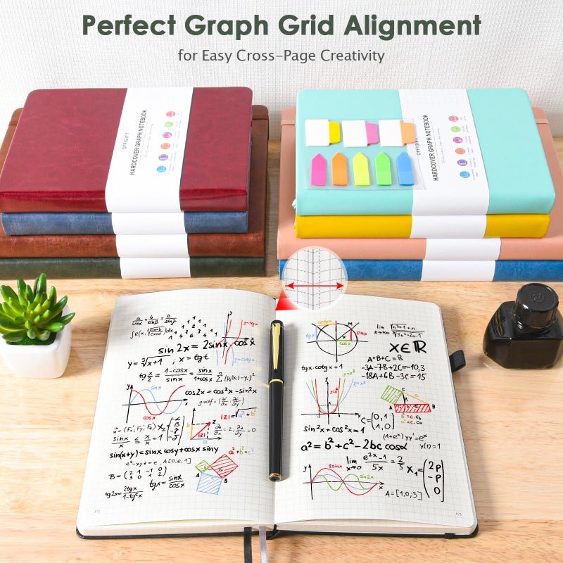 OFFIGIFT Graph Paper Notebook, 312 Numbered Pages Large A5 Hardcover Leather Journal, 100gsm No Bleed Grid Paper Notebook with Index Pages, Grid Notebook for Graphing Notes Math, 5.75" x 8.38", Green - Image 5