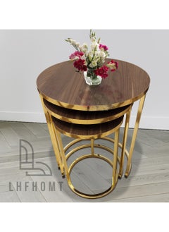 LHFHOMT LHFHOMT Nesting Tables Set of 3 Pieces, Round Coffee table, Ceramics Wooded Top, Strong Gold Metal Frame for Living Room,Sofa Side  - Image 2