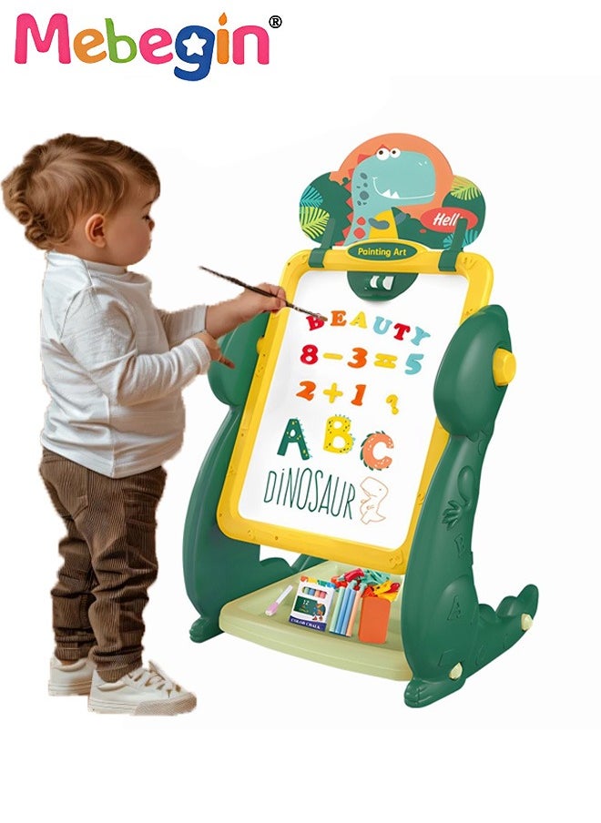MEBEGIN Kids Double-sided Vertical Drawing Board, Portable Stable 2-Sided Easel, Dinosaur-shape Doodle Board with Stand and Wide Panel, Magnetic Painting Pads, Easy to Draw and Erase, Height Control, Educational Birthday Gift for Kids, 36.5*29.5*62CM  - Image 1