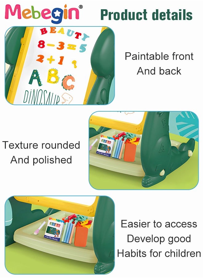 MEBEGIN Kids Double-sided Vertical Drawing Board, Portable Stable 2-Sided Easel, Dinosaur-shape Doodle Board with Stand and Wide Panel, Magnetic Painting Pads, Easy to Draw and Erase, Height Control, Educational Birthday Gift for Kids, 36.5*29.5*62CM  - Image 4