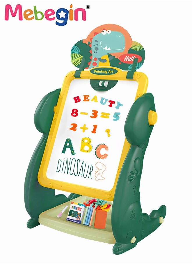 MEBEGIN Kids Double-sided Vertical Drawing Board, Portable Stable 2-Sided Easel, Dinosaur-shape Doodle Board with Stand and Wide Panel, Magnetic Painting Pads, Easy to Draw and Erase, Height Control, Educational Birthday Gift for Kids, 36.5*29.5*62CM  - Image 3