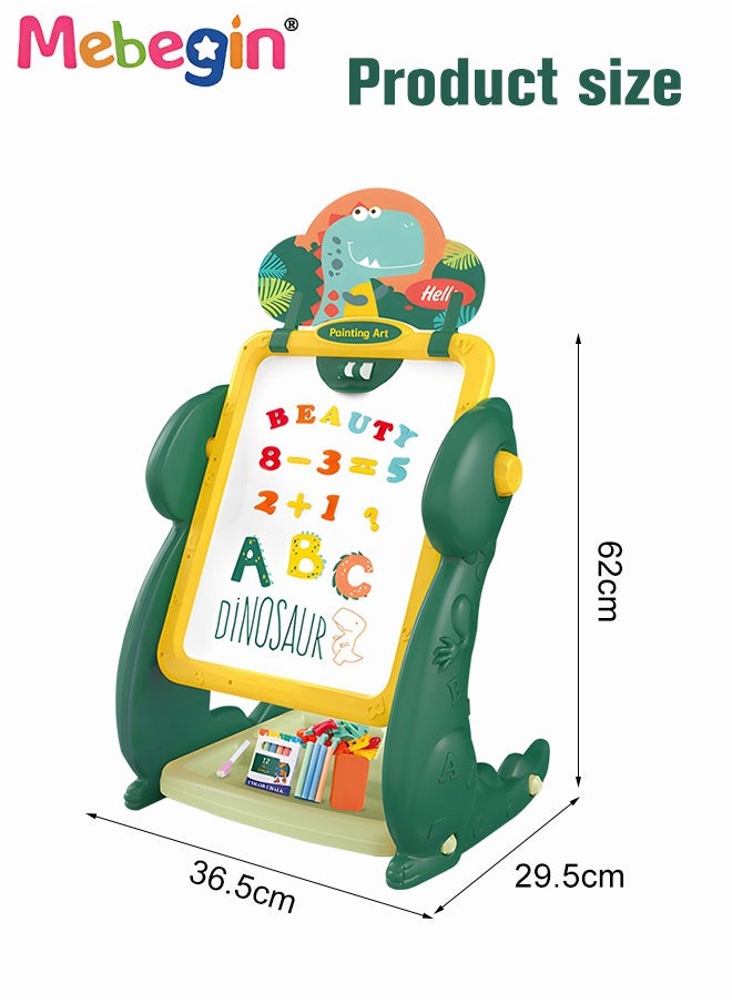 MEBEGIN Kids Double-sided Vertical Drawing Board, Portable Stable 2-Sided Easel, Dinosaur-shape Doodle Board with Stand and Wide Panel, Magnetic Painting Pads, Easy to Draw and Erase, Height Control, Educational Birthday Gift for Kids, 36.5*29.5*62CM  - Image 5