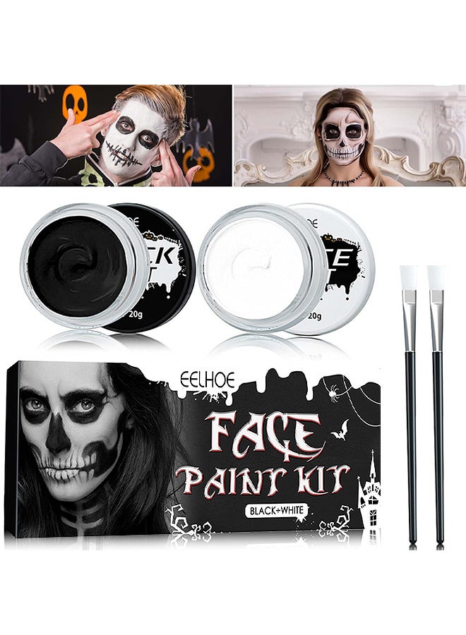 EELHOE Black White Face Body Paint Kit, Body Paint Non Toxic Face Painting Kits With 2 Professional Paint Brushes For Adult Kids, For Art Theater Party Cosplay, For Clown Zombie Cosplay Makeup - Image 1