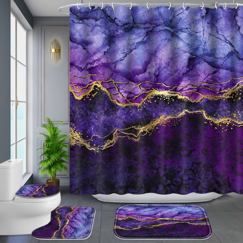 Poedist 4 Pcs Gold Edge Marble Bathroom Shower Curtain Set, Bathroom Sets with Shower Curtain and Rugs(Bath Mat,U Shape and Toilet Lid Cover Mat) and 12 Hooks-Purple - Image 1
